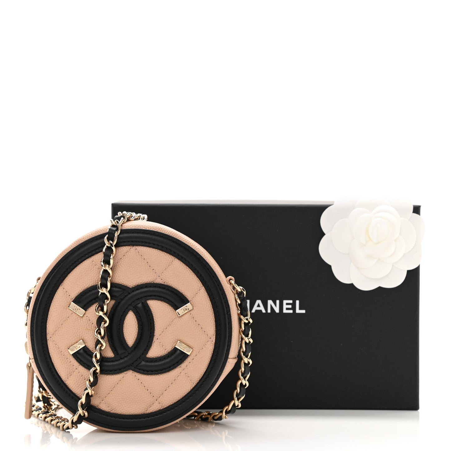 Caviar Quilted Round Filigree Crossbody Beige Black