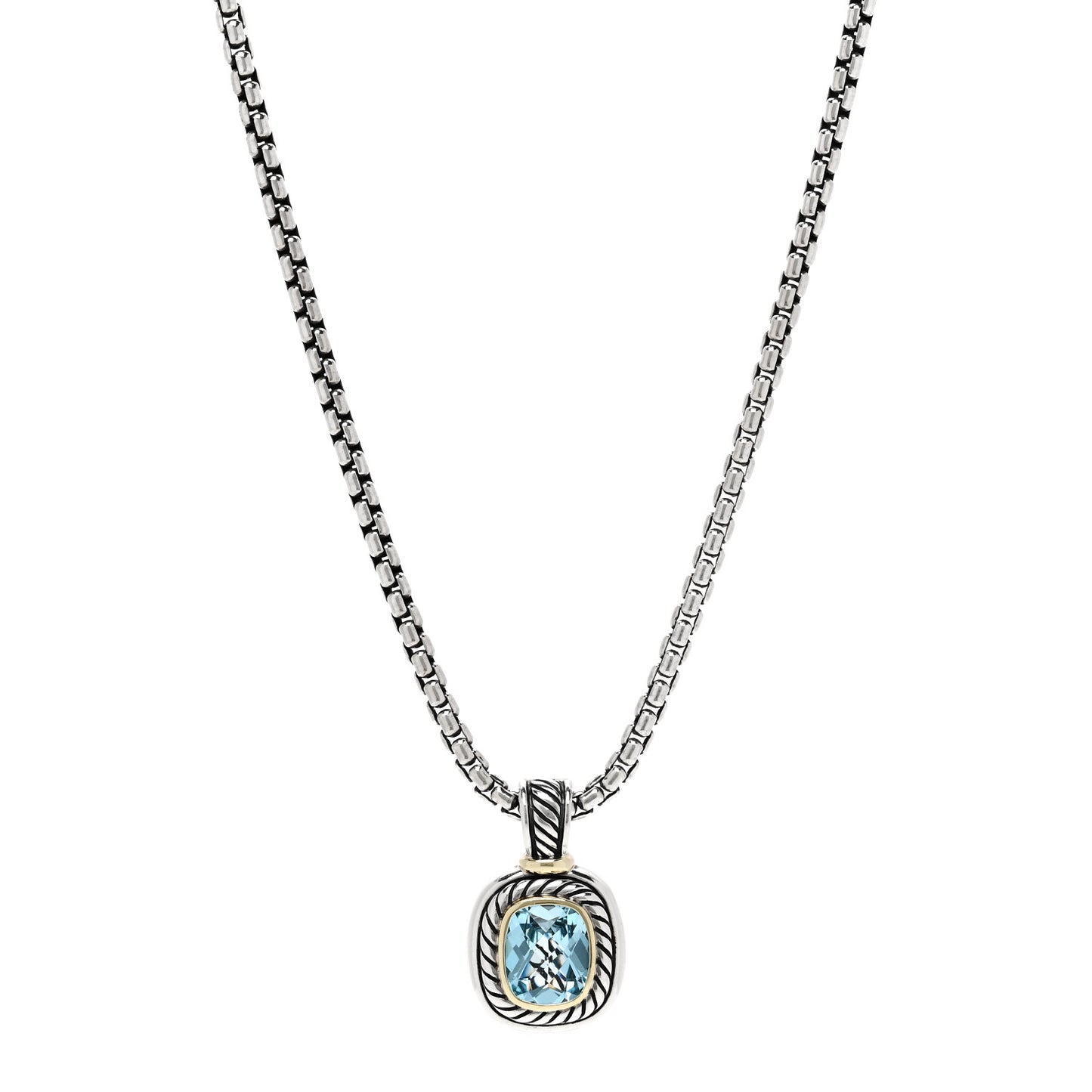 Sterling Silver 14K Yellow Gold Blue Topaz 12mm Albion Pendant Box Chain Necklace