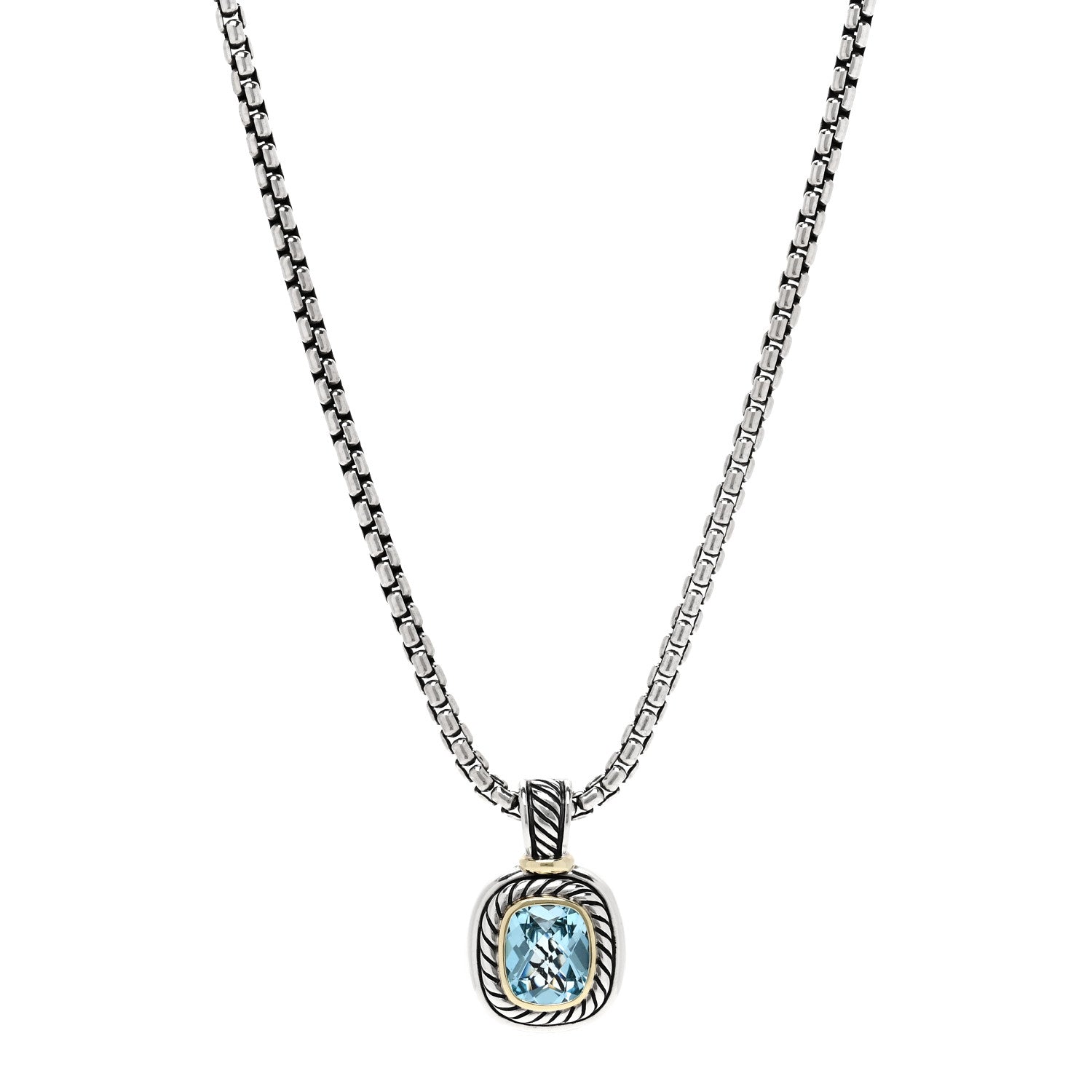 David Yurman Sterling Silver 14K Yellow Gold Blue Topaz 12mm Albion Pendant Box Chain Necklace 1 of 5