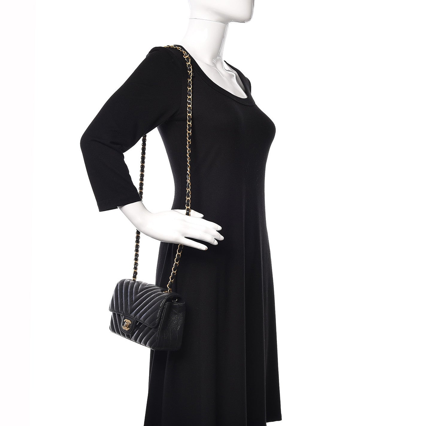 Iridescent Calfskin Chevron Quilted Mini Rectangular Flap Black