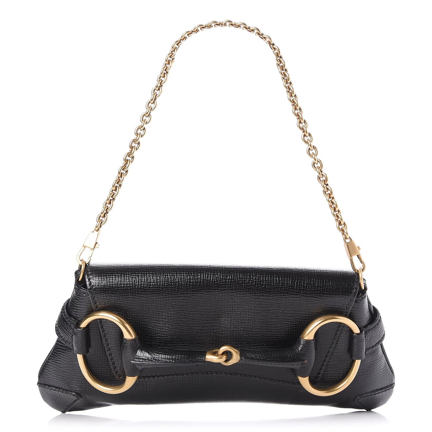 Textured Calfskin Horsebit Chain Clutch Black