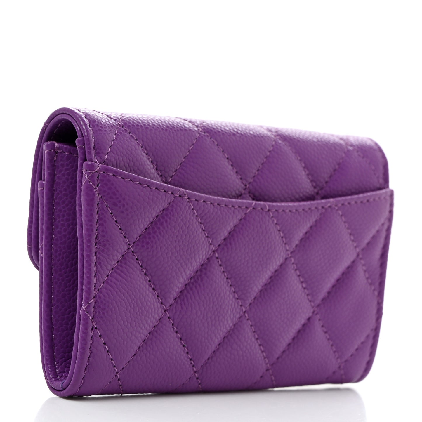 Caviar Quilted Flap Card Holder Wallet Purple