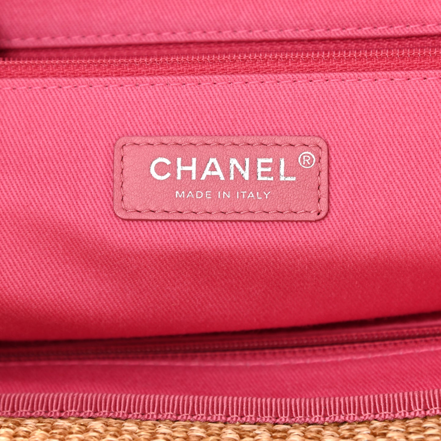Woven Straw Raffia Logo Tote Pink Beige
