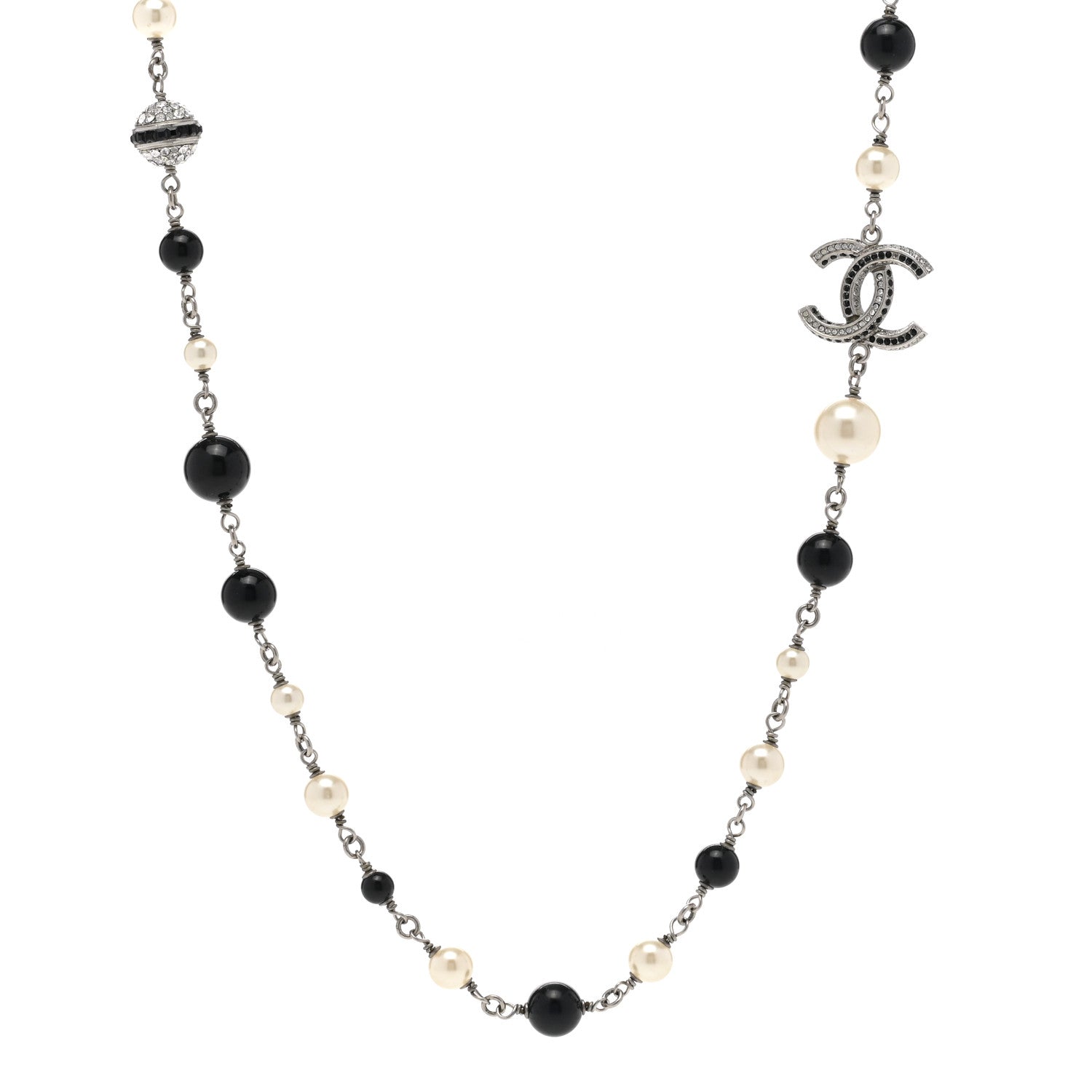 Chanel Pearl Crystal Bead CC Long Necklace Black Silver 1 of 6
