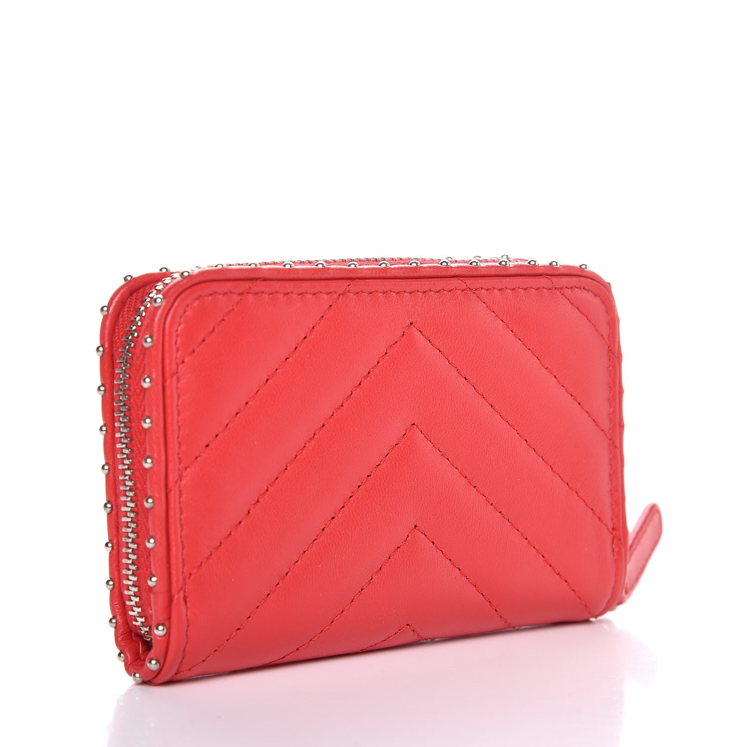 Chanel Lambskin Chevron Studded Zip Around Coin Purse Wallet Light Red 3 of 8