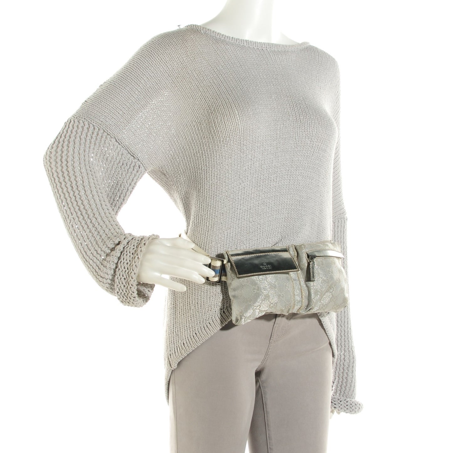 GG Monogram Web Double Pocket Belt Bag Silver