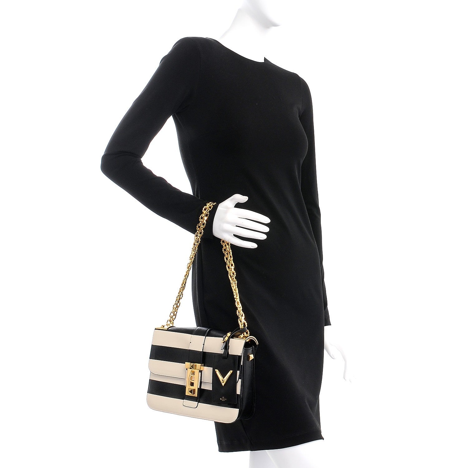 Valentino Garavani Nappa Striped B-Rockstud Flap Black Light Ivory 3 of 9