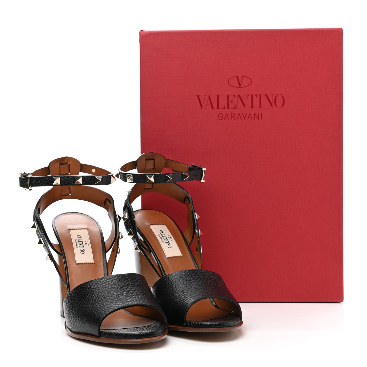Pebbled Calfskin Rockstud Ankle Strap Sandals 38.5 Black