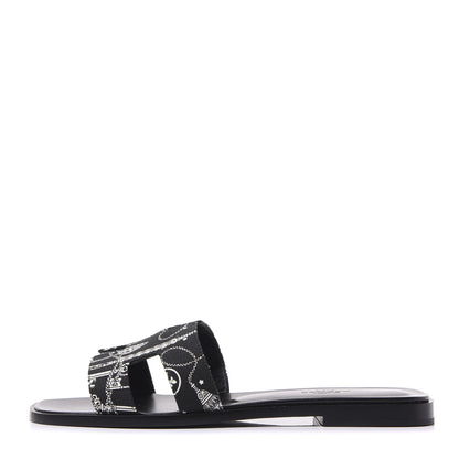 Hermes Cotton Canvas Printed Les Cles Bandana Oran Sandals 37 Black 1 of 9