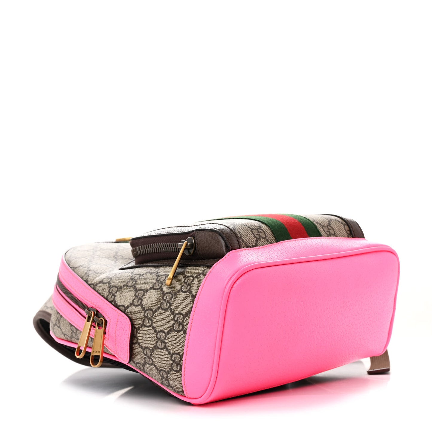 GG Supreme Monogram Textured Dollar Calfskin Web Small Ophidia Day Backpack Beige Ebony Fluorescent Fuchsia