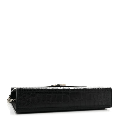Saint Laurent Calfskin Crocodile Embossed Large Monogram Envelope Chain Shoulder Bag Black 4 of 12