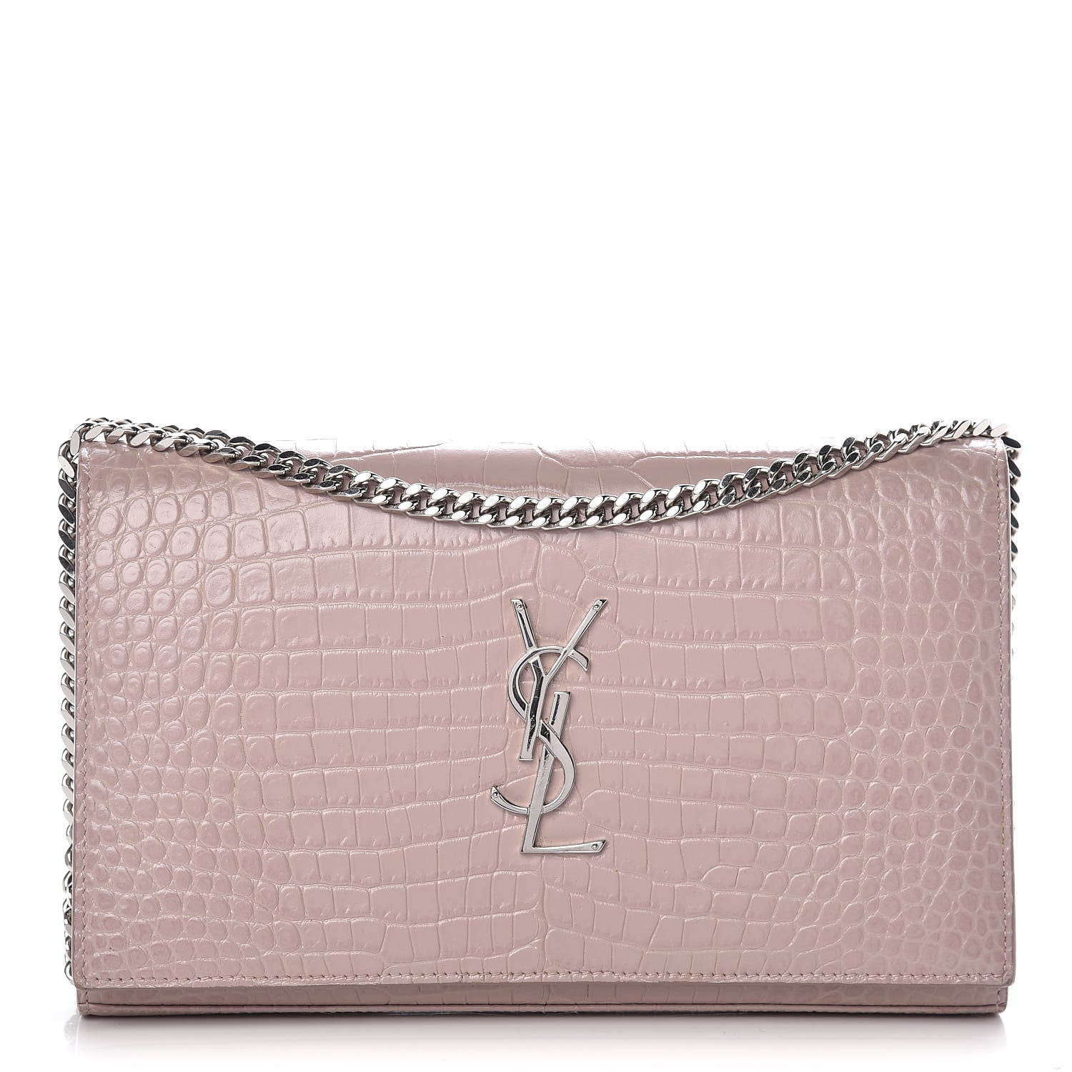 Saint Laurent Calfskin Crocodile Embossed Monogram Chain Wallet Rose Antic 1 of 9