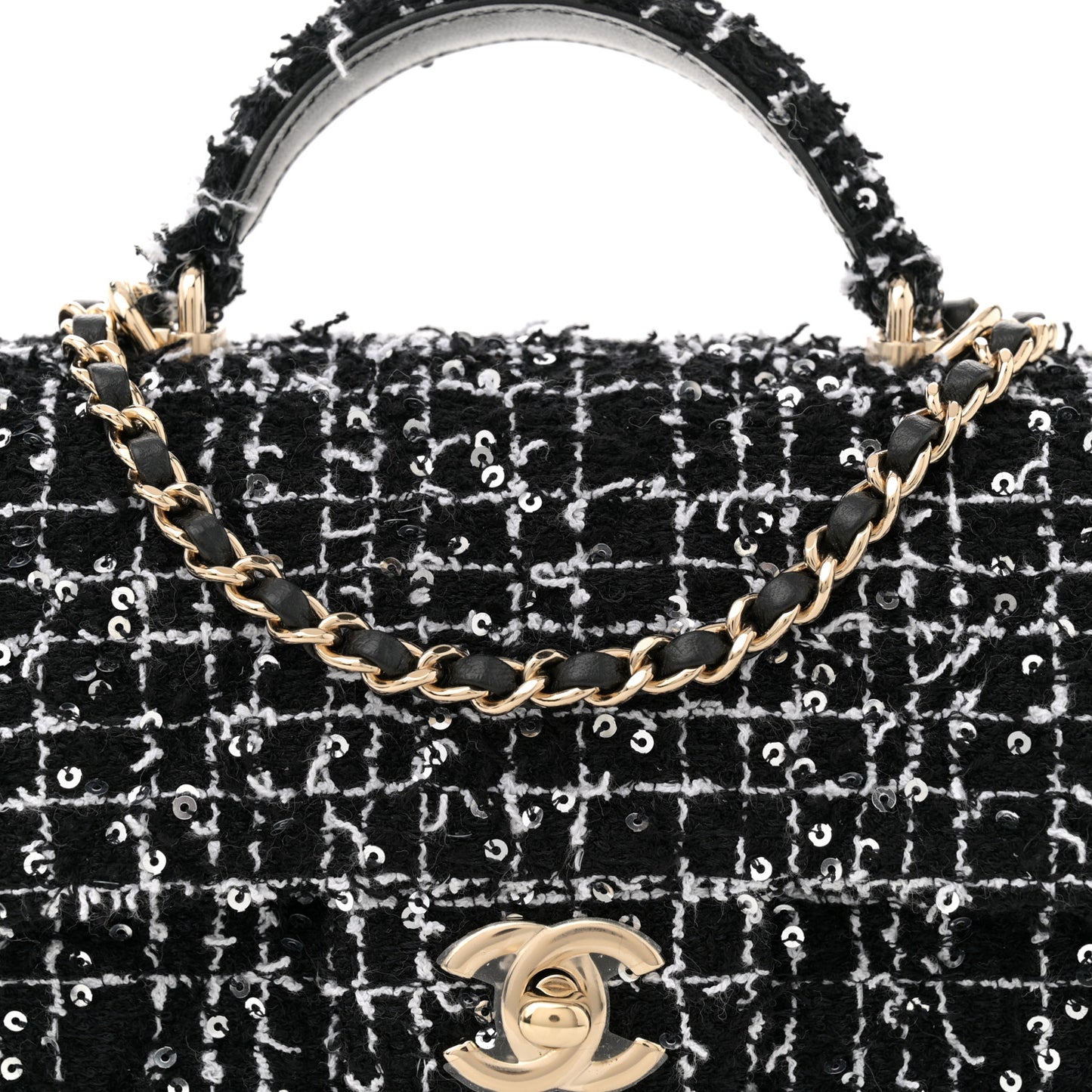 Tweed Quilted Mini Top Handle Rectangular Flap Black White