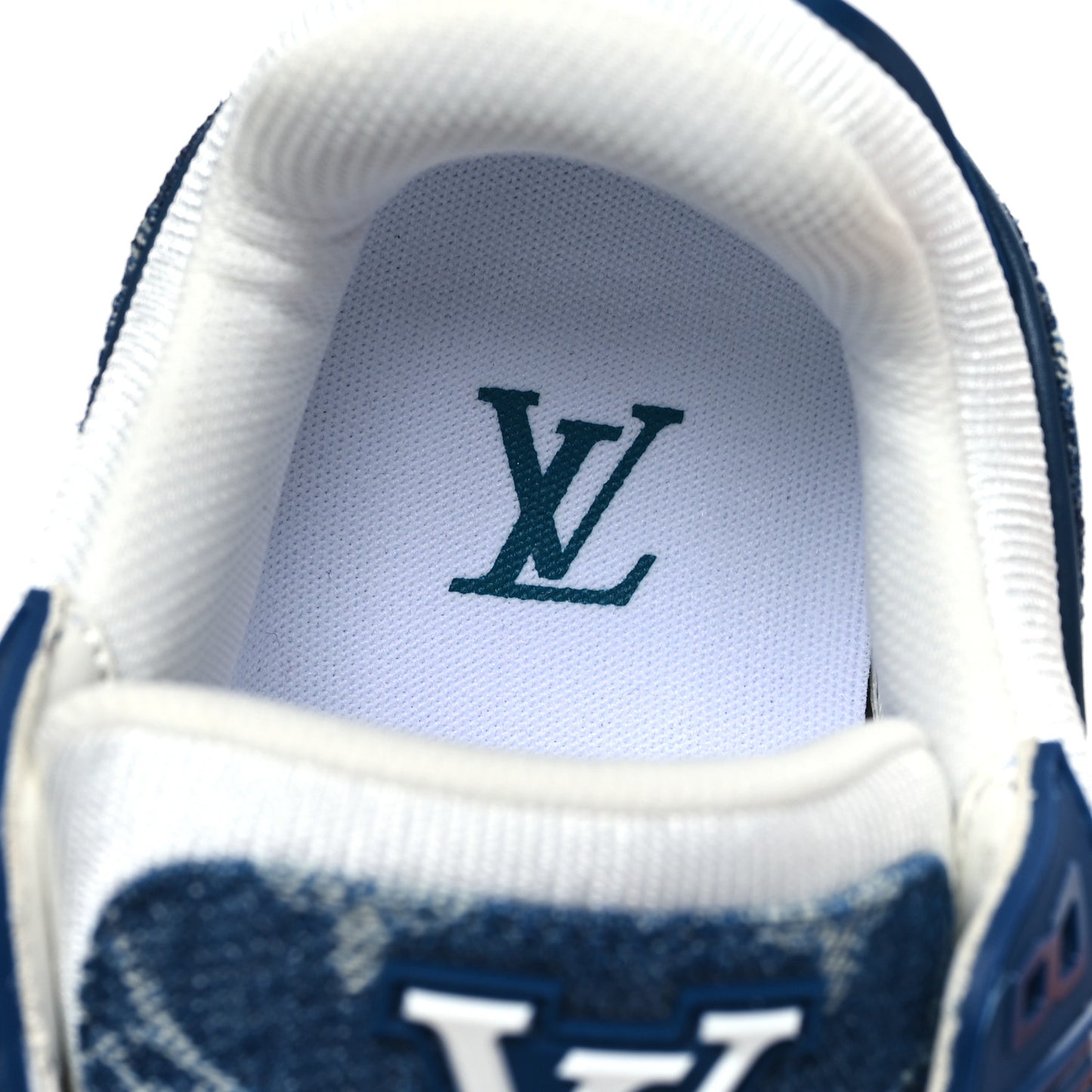 Calfskin Embossed Monogram Denim Womens LV Trainer Sneakers 36 Blue
