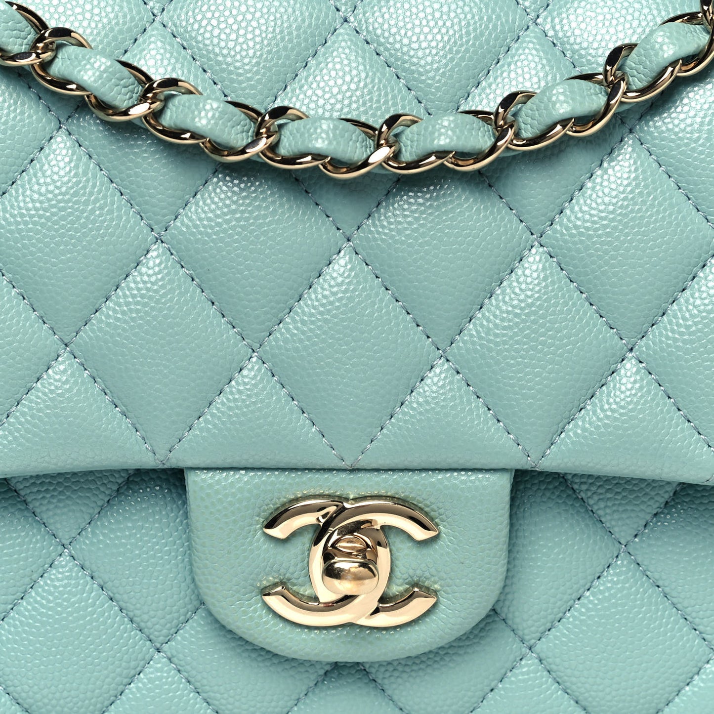 Caviar Quilted Medium Double Flap Light Blue