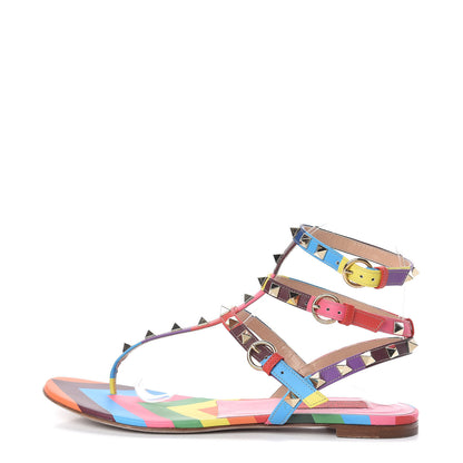 Valentino Garavani Calfskin 1973 Rockstud Ankle Wrap Flat Thong Sandals 38 Multicolor 1 of 8