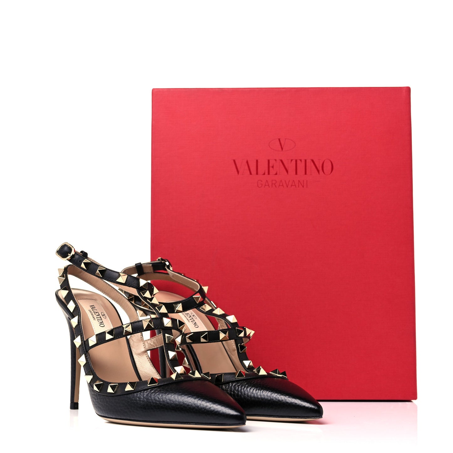 Pebbled Calfskin Rockstud Ankle Strap Pumps 37.5 Black