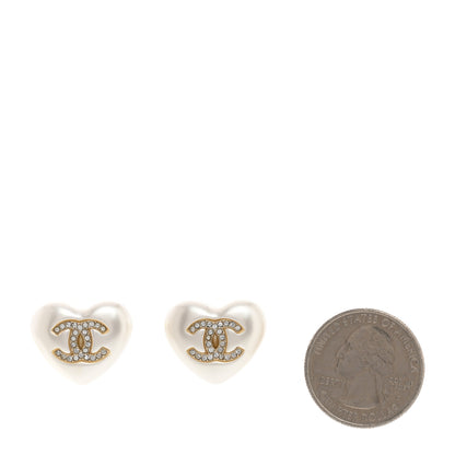 Chanel Pearl Crystal CC Heart Earrings Gold 2 of 4