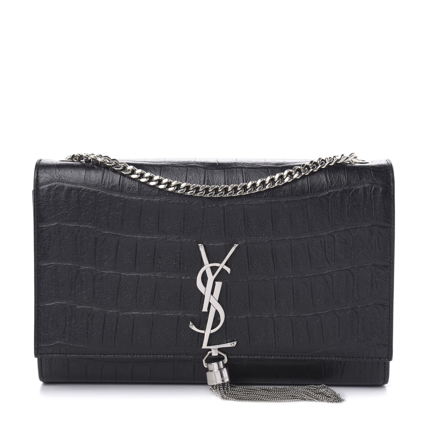 Calfskin Crocodile Embossed Medium Classic Monogram Kate Tassel Satchel Black