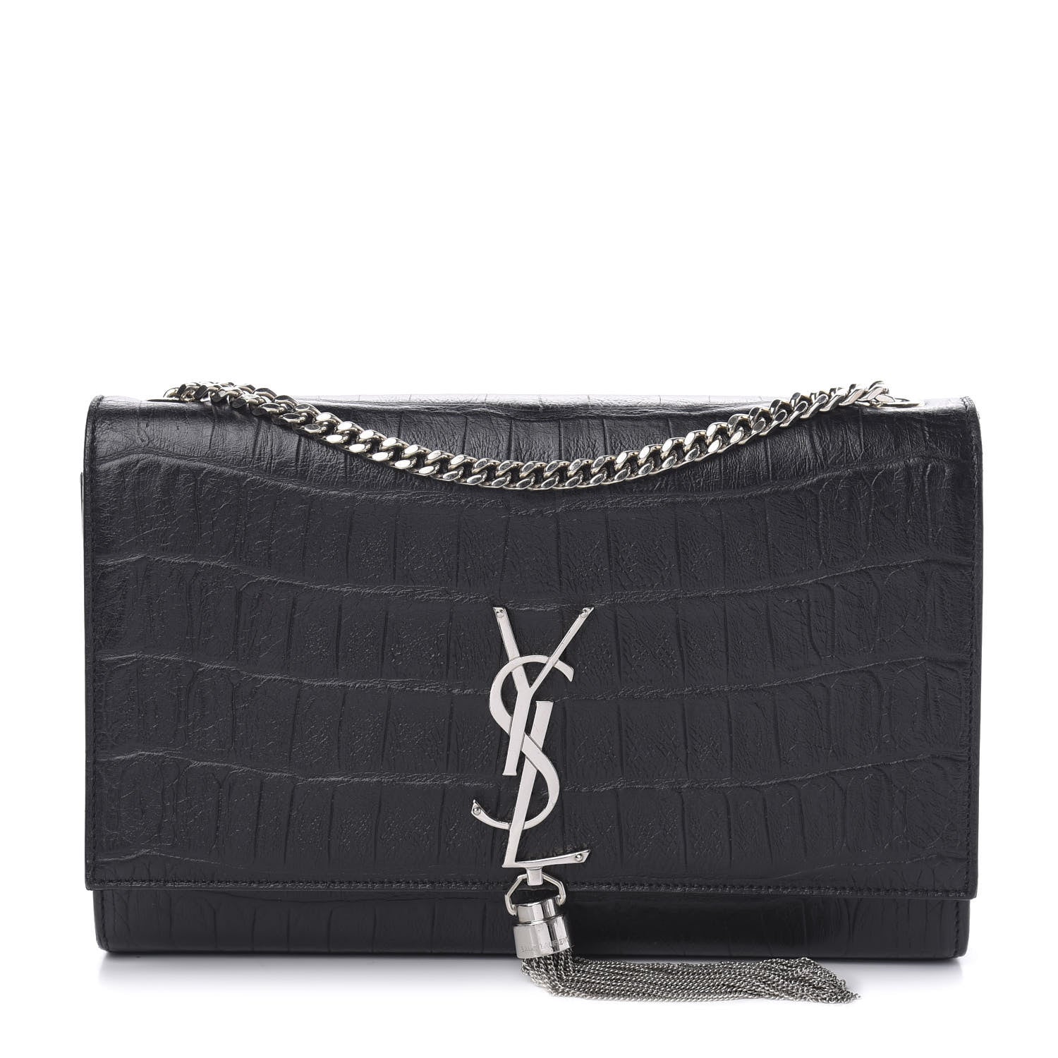 Saint Laurent Calfskin Crocodile Embossed Medium Classic Monogram Kate Tassel Satchel Black 1 of 13