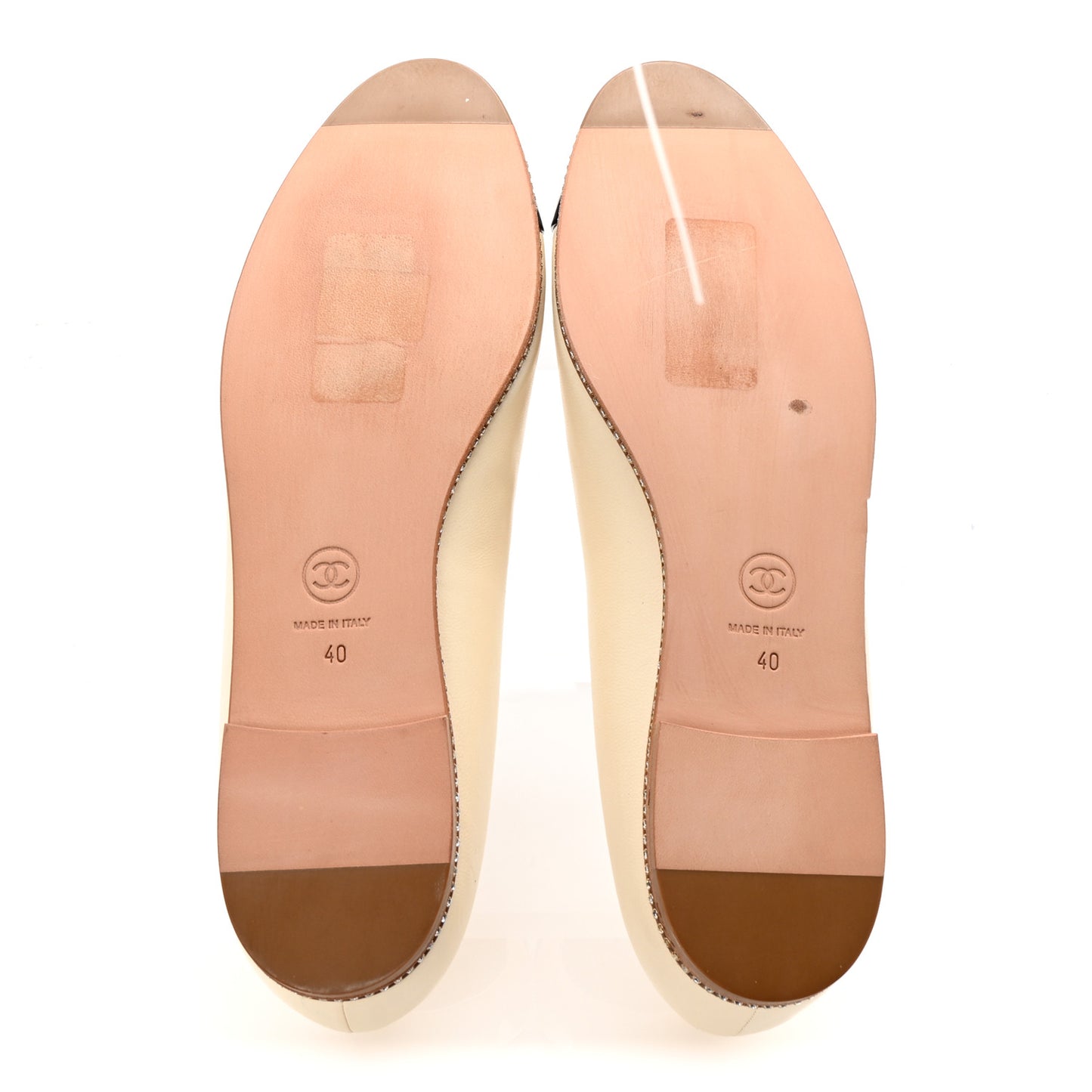 Patent Lambskin Crystal CC Cap Toe Ballerina Flats 40 Beige Black