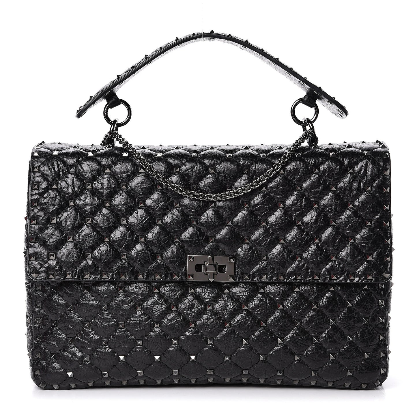Craquele Nappa Large Rockstud Spike Shoulder Bag Black