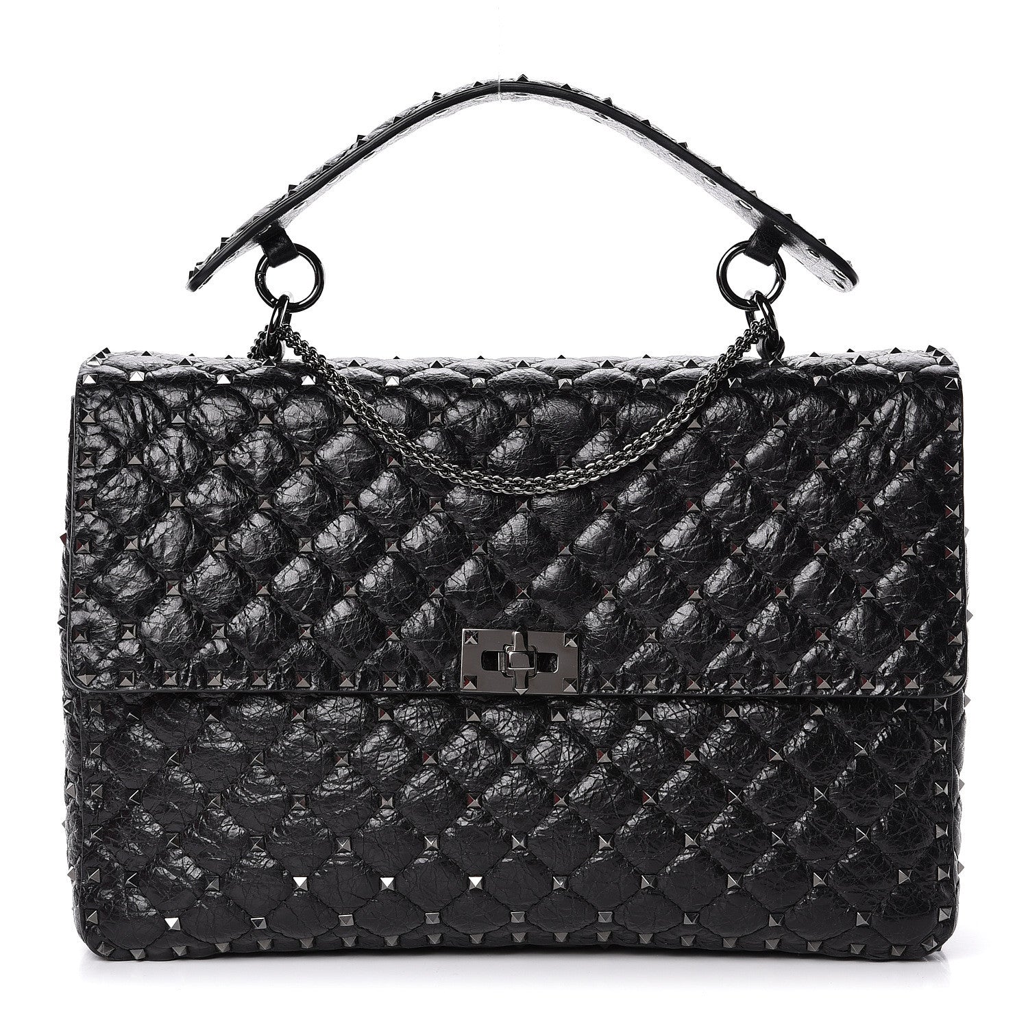 Valentino Garavani Craquele Nappa Large Rockstud Spike Shoulder Bag Black 1 of 12