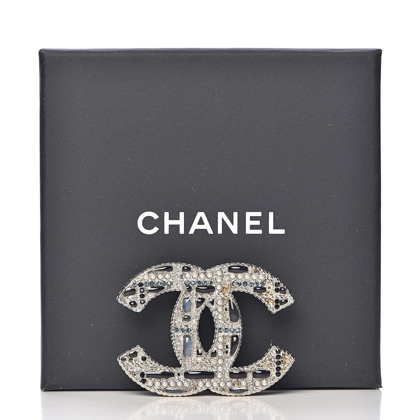 Crystal Pearl CC Tweed Brooch Silver Black
