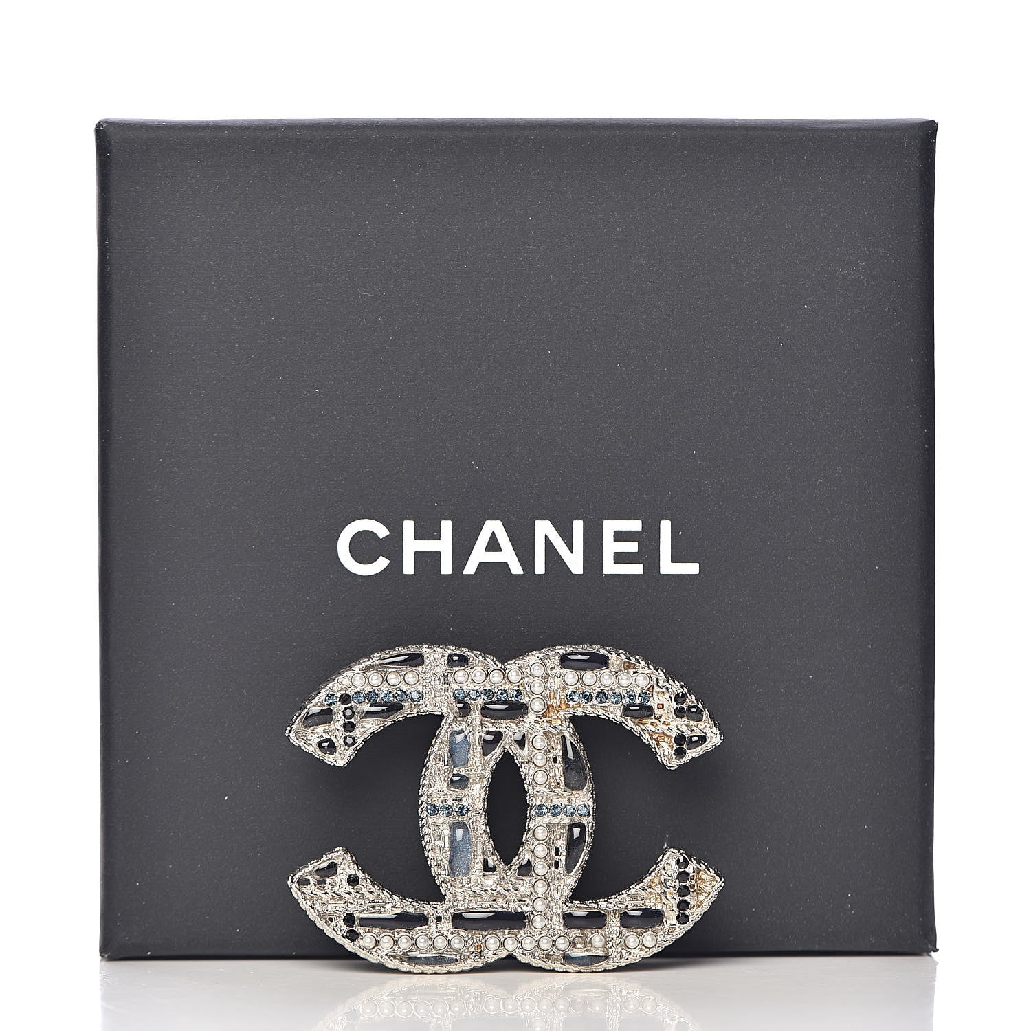 Chanel Crystal Pearl CC Tweed Brooch Silver Black 5 of 5