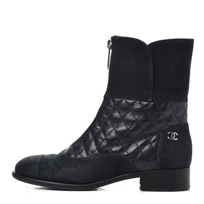 Chanel Suede Goatskin Fantasy Quilted Short Boots 37.5 Navy 1 of 20