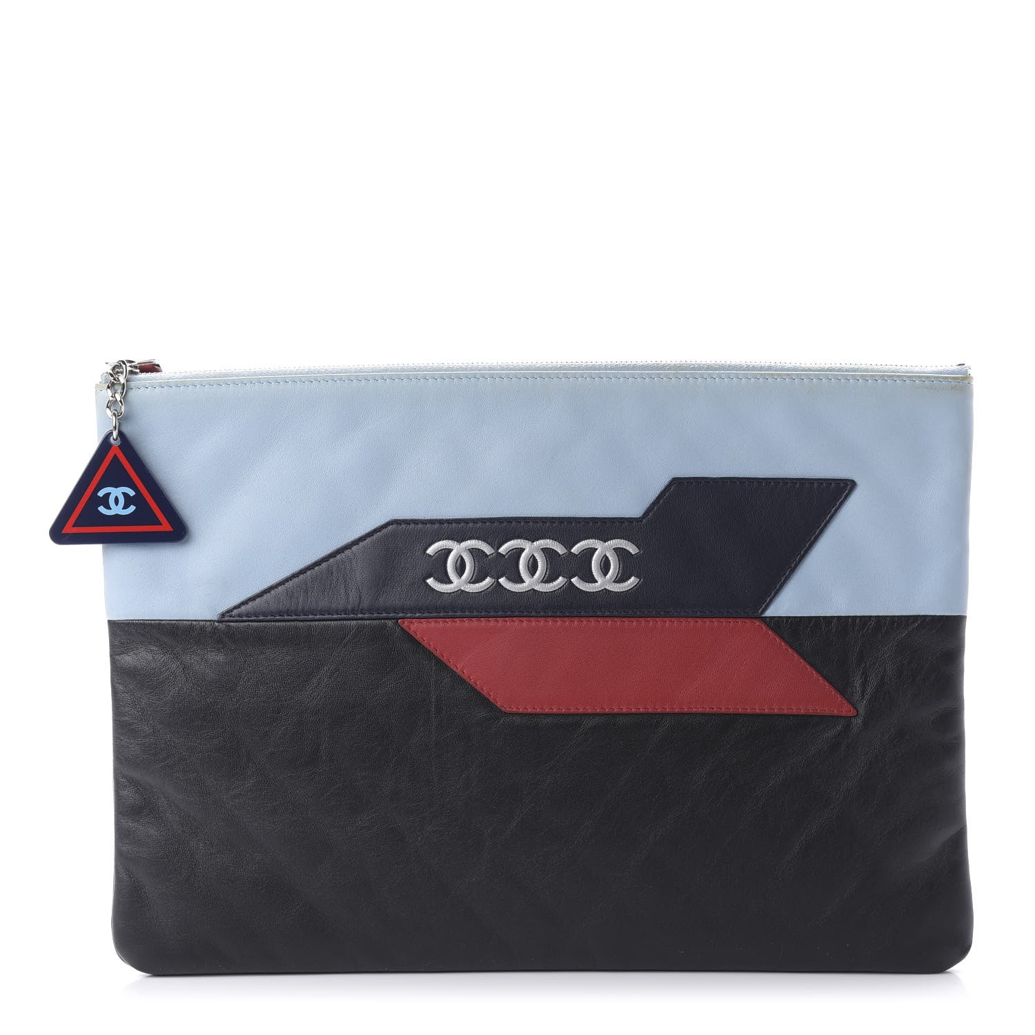 Chanel Lambskin Large Airline Zipper Cosmetic Case Blue Black Red 1 of 10