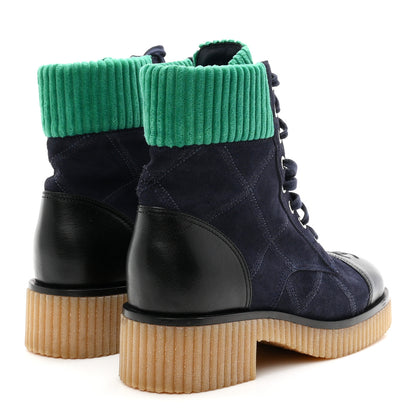 Chanel Suede Calfskin Velvet Quilted CC Combat Boots 39 Navy Green Black 5 of 10