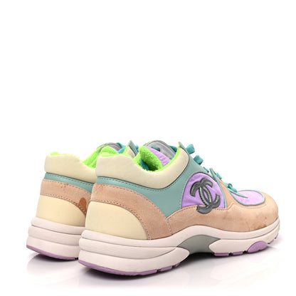 Chanel Nylon Lambskin Suede Calfskin CC Sneakers 37 Green Purple Pink 4 of 8