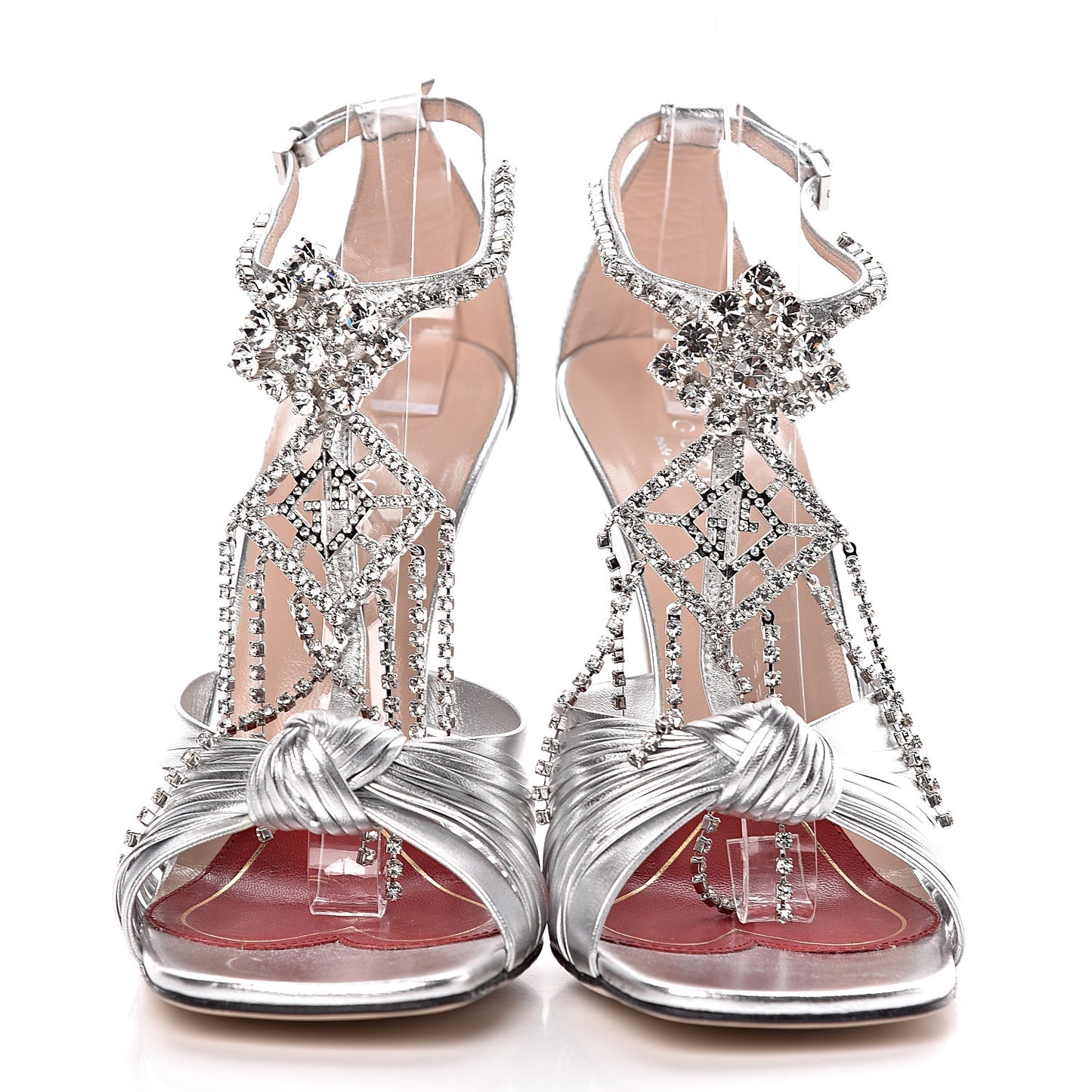Metallic Nappa Crystal Crawford Strap High Heel Sandals 38.5 Silver
