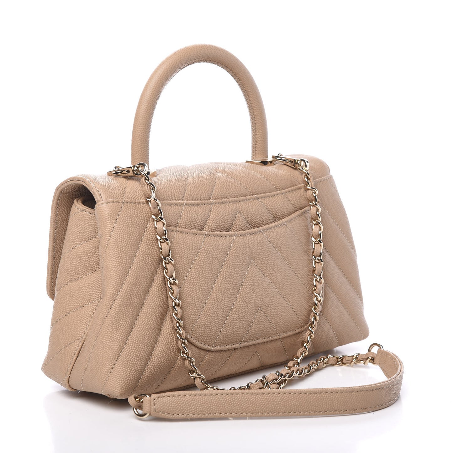 Caviar Chevron Quilted Mini Coco Handle Flap Beige