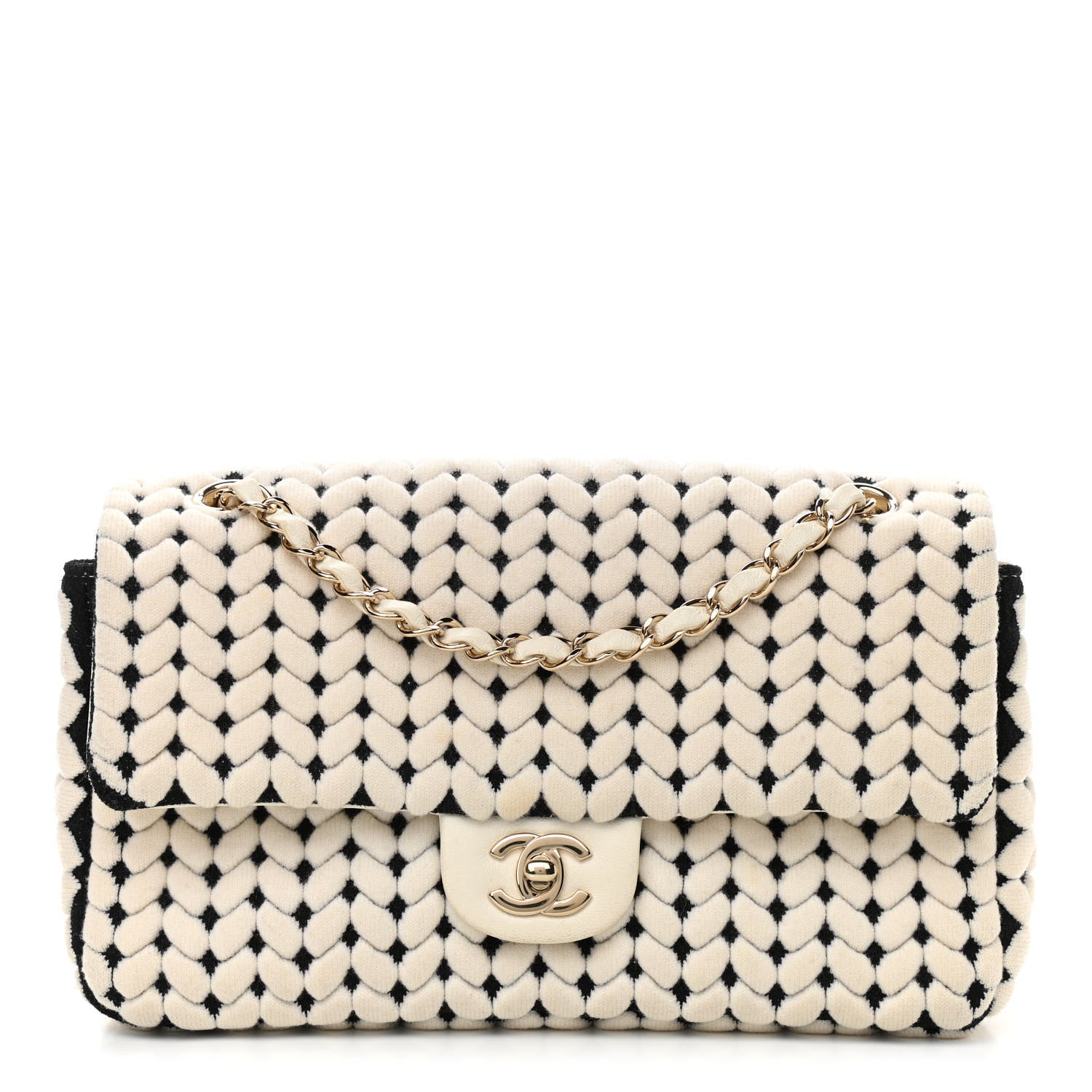 Chanel Calfskin Wool Woven Flap White Black 1 of 10