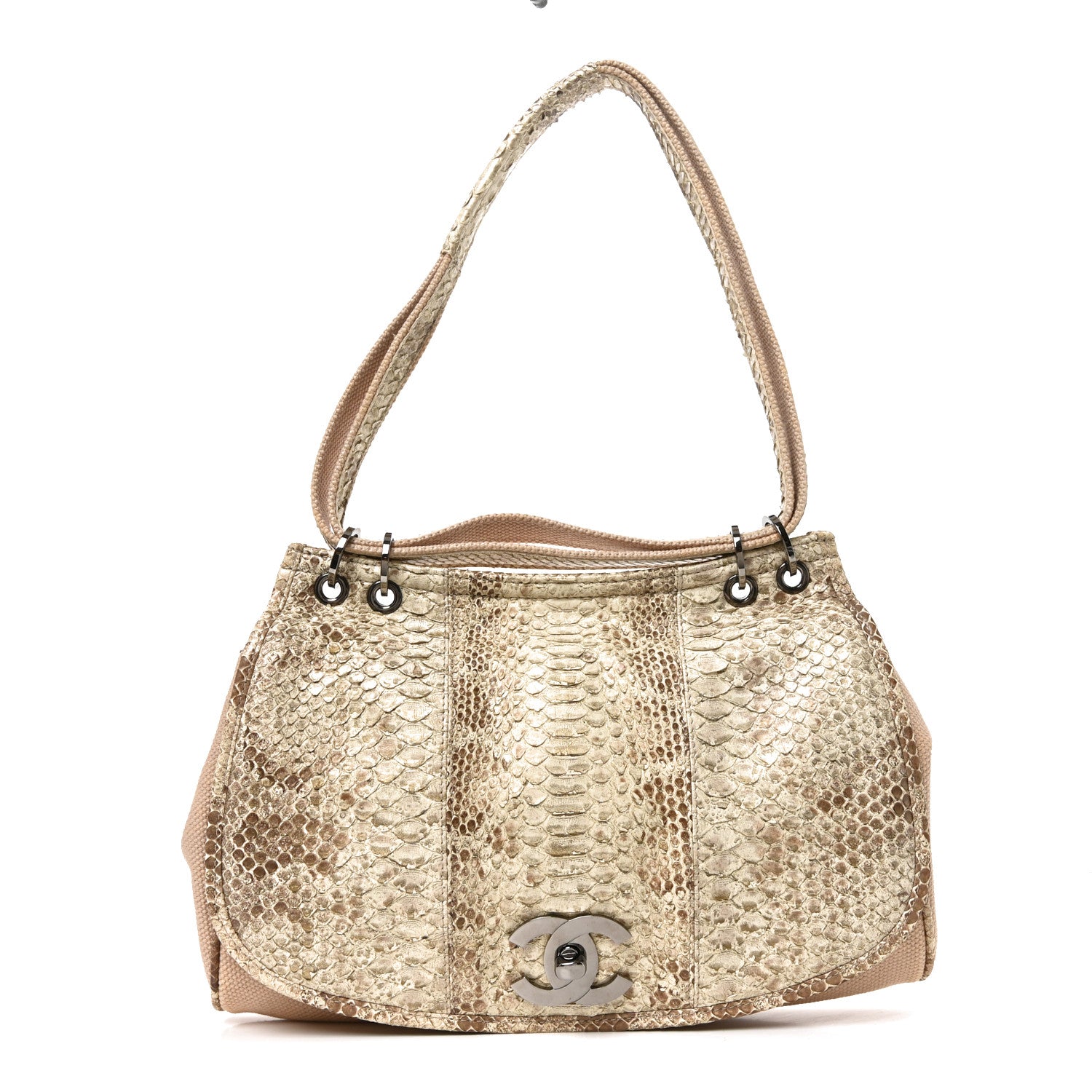 Chanel Snakeskin Canvas Flap Shoulder Bag Beige 1 of 10