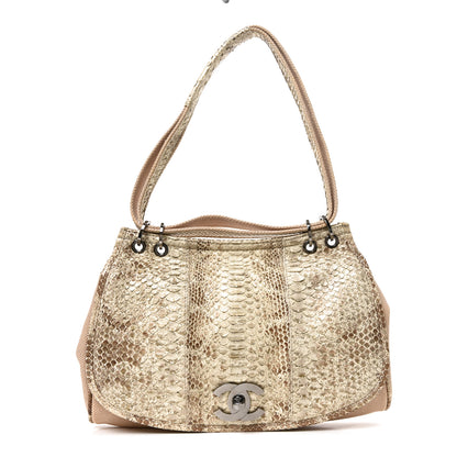 Chanel Snakeskin Canvas Flap Shoulder Bag Beige 1 of 10