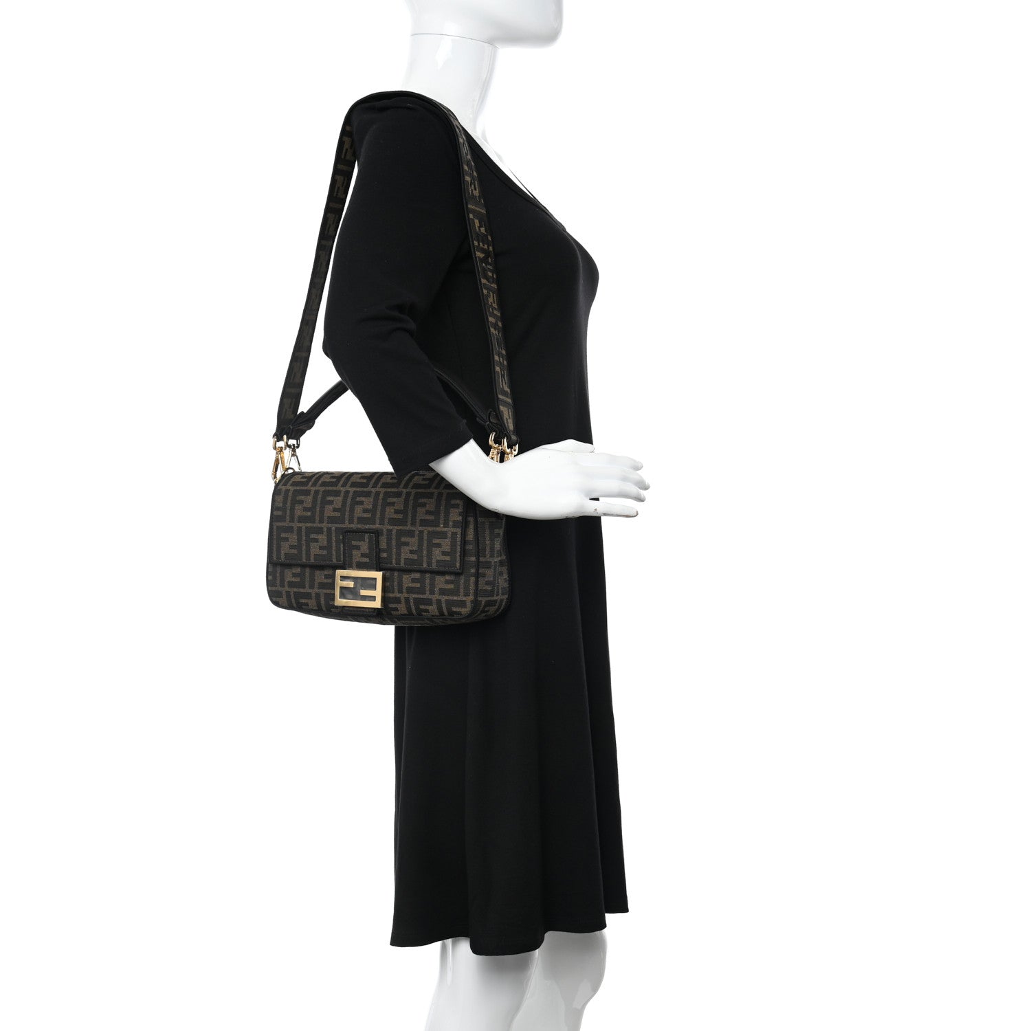 Fendi Fabric Jacquard FF 1974 Medium Baguette Tobacco Moro Black 2 of 10