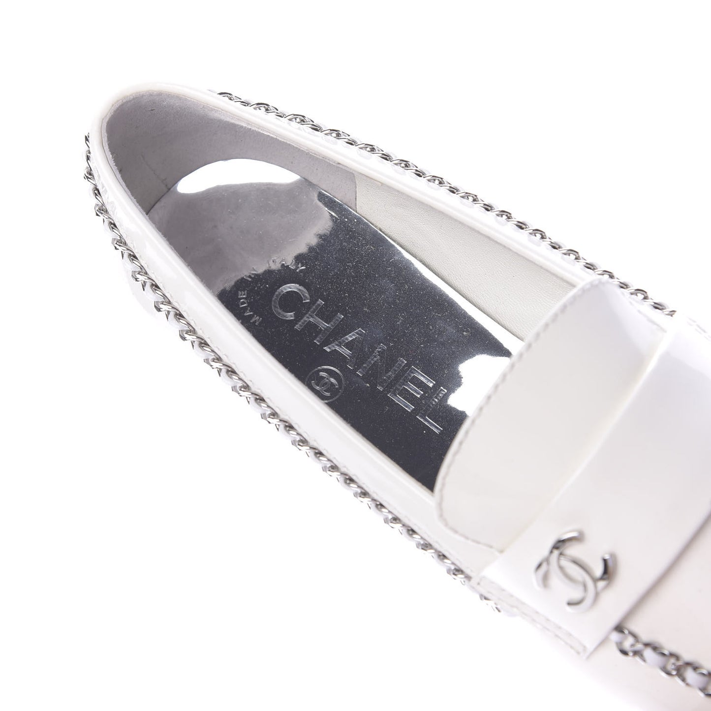 Patent Calfskin CC Chain Mocassin Loafers 37 White