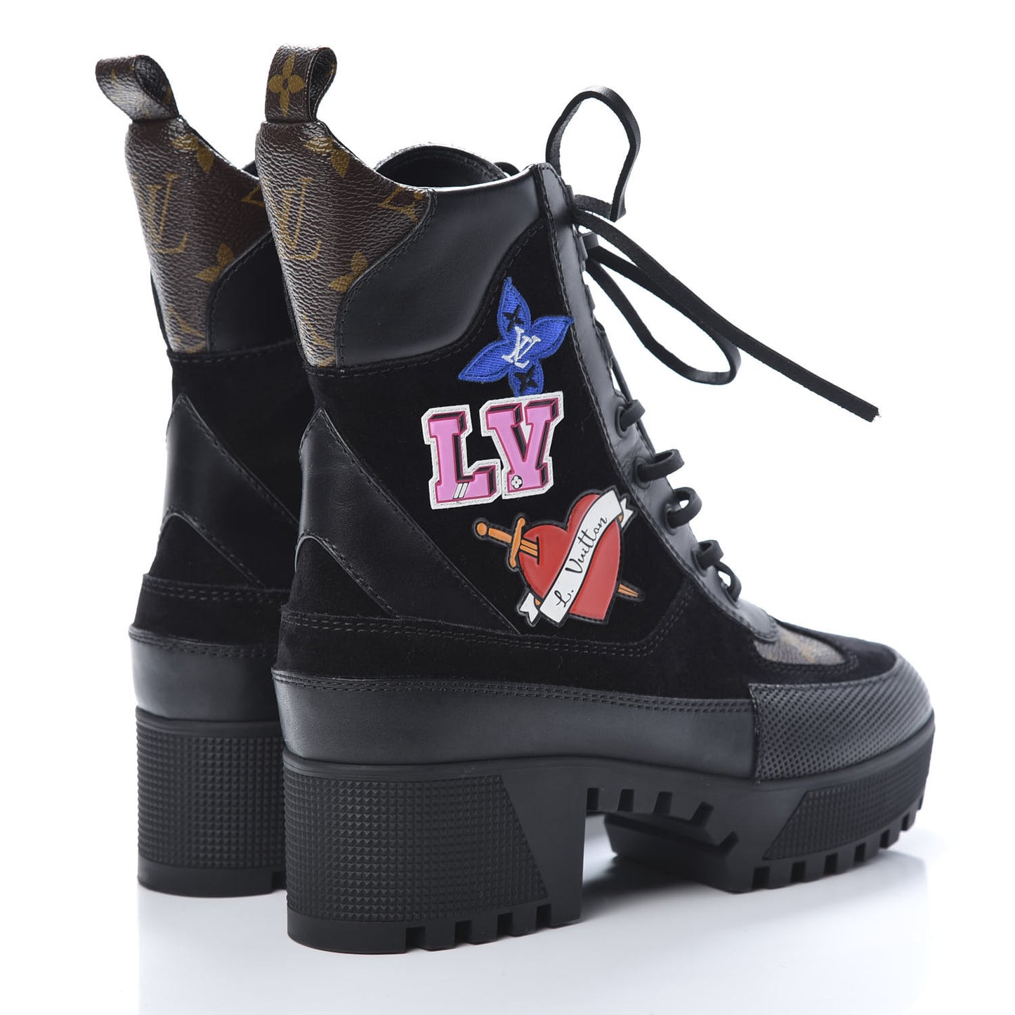 Suede Calfskin Monogram LV Black Heart Laureate Platform Desert Boots 37 Black
