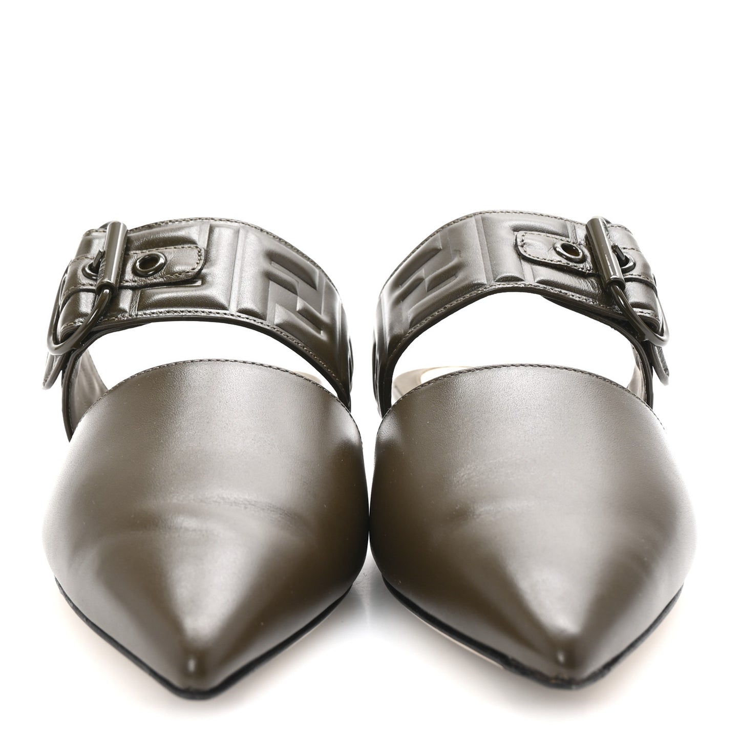 Vitello FF Embossed Buckle Flat Mules 37 Wood