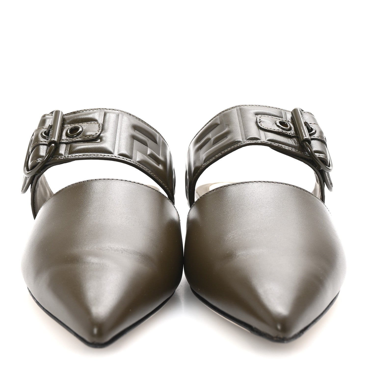 Fendi Vitello FF Embossed Buckle Flat Mules 37 Wood 3 of 9