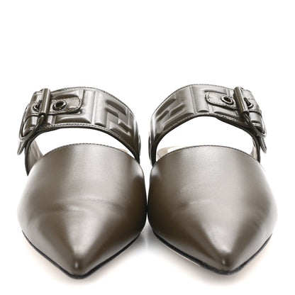 Fendi Vitello FF Embossed Buckle Flat Mules 37 Wood 3 of 9