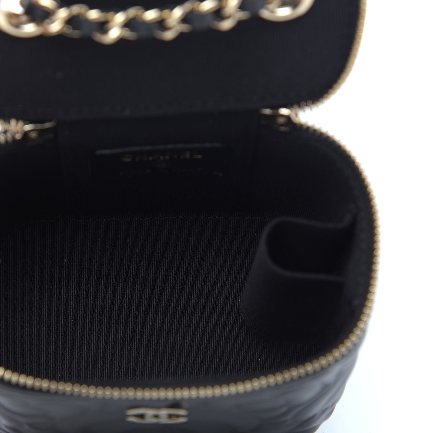 Lambskin Camellia Embossed Mini Vanity Case With Chain Black