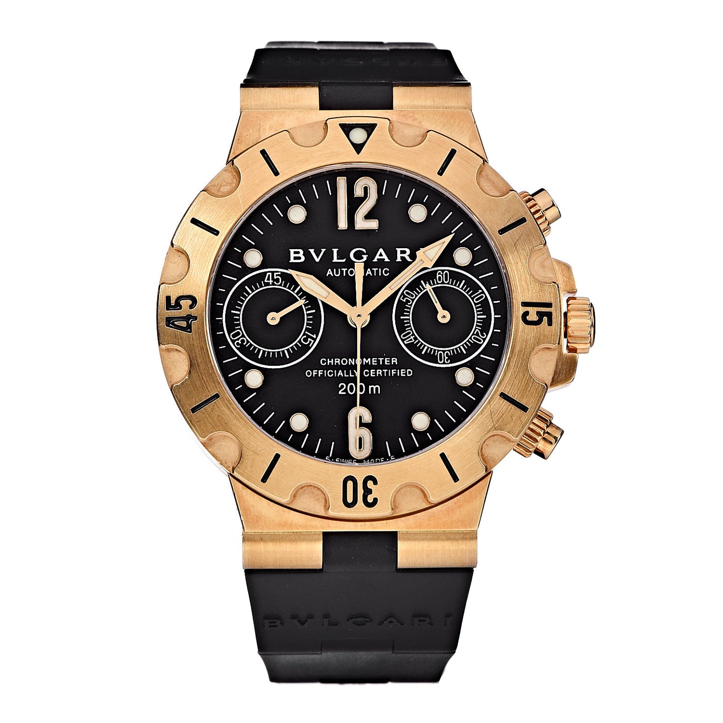 18K Yellow Gold Rubber 38mm Diagono Scuba Chronometer Automatic Watch Black