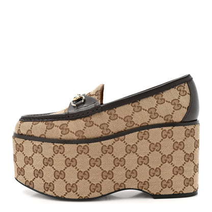 Gucci Canvas GG Monogram Horsebit Calfskin Womens Horsebit Platform Loafers 37.5 Beige Ebony Cocoa 1 of 12