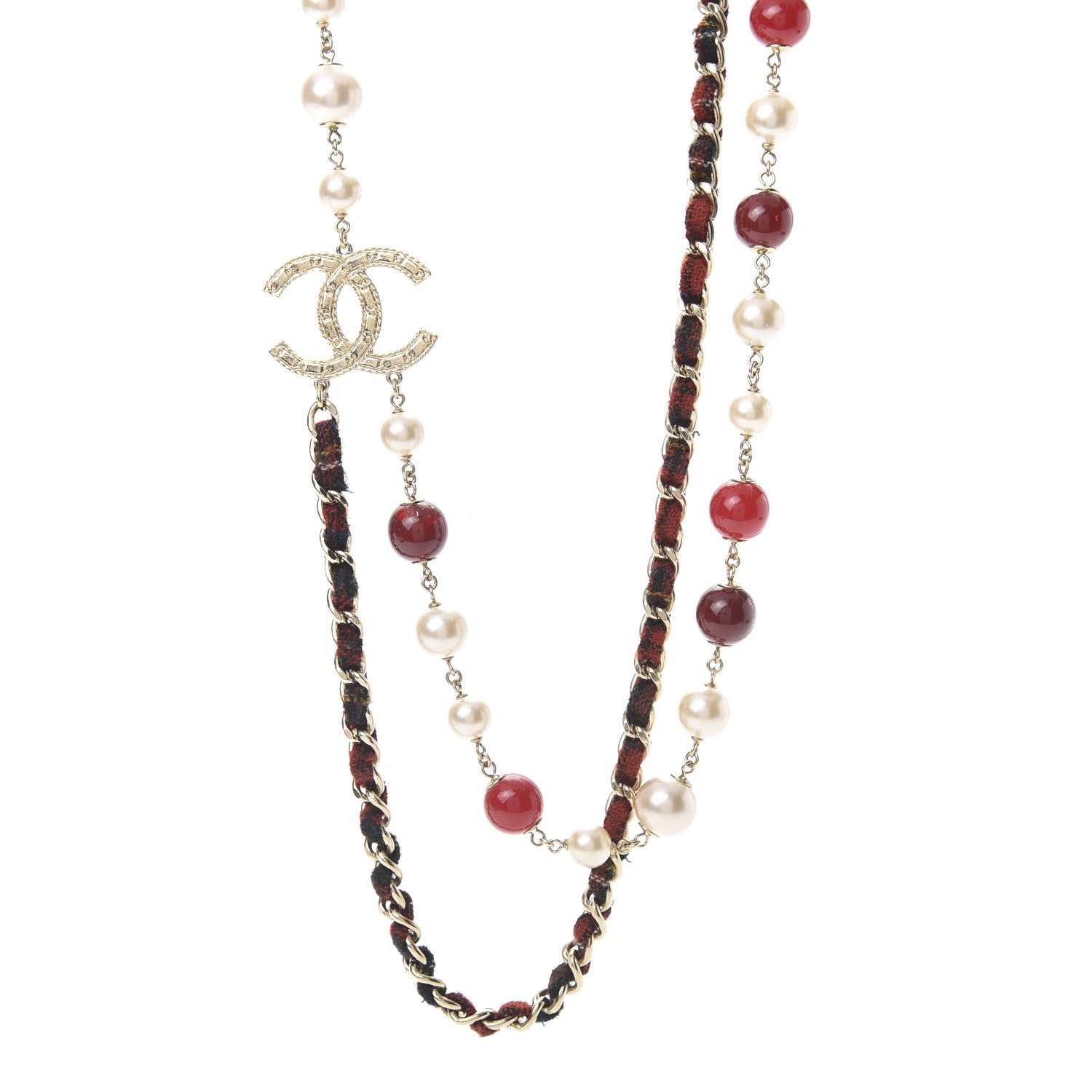 Chanel Gripoix Crystal Pearl Tweed Medallion Necklace Red Gold 1 of 4