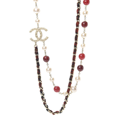 Chanel Gripoix Crystal Pearl Tweed Medallion Necklace Red Gold 1 of 4