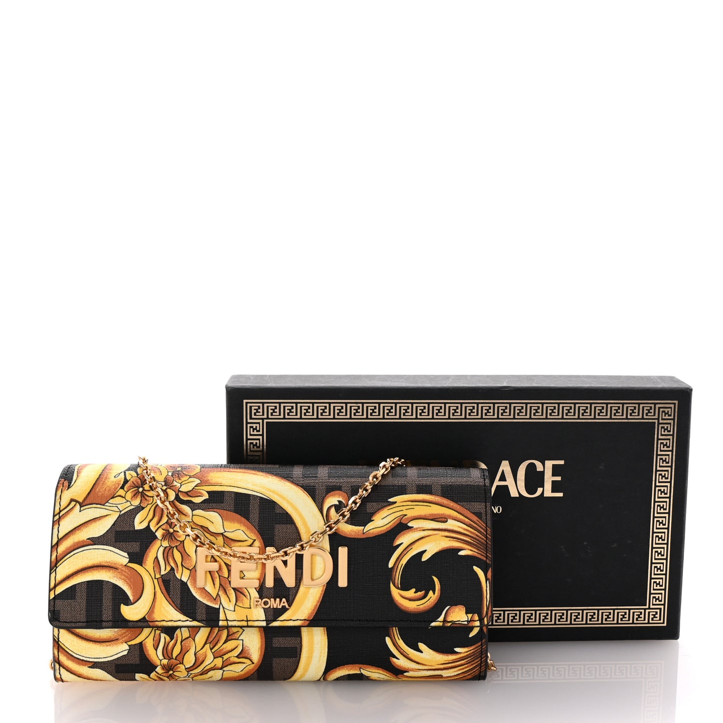 X VERSACE Glazed Fabric Fendace FF Baroque Continental Wallet On Chain Gold Tobacco Black